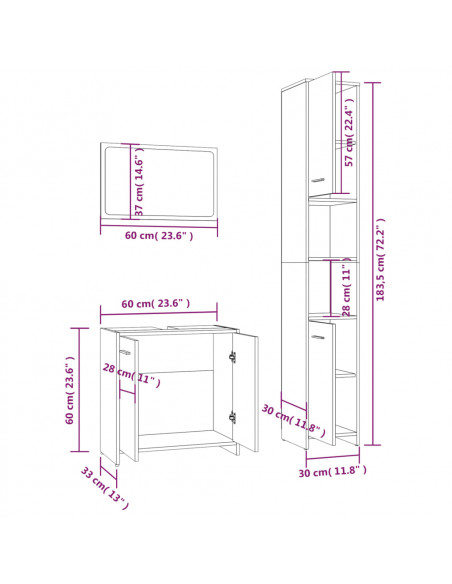 Set Mobili da Bagno 3 pz Rovere Marrone in Legno Multistrato