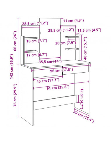 Toeletta con Specchio Legno Antico 96x39x142 cm