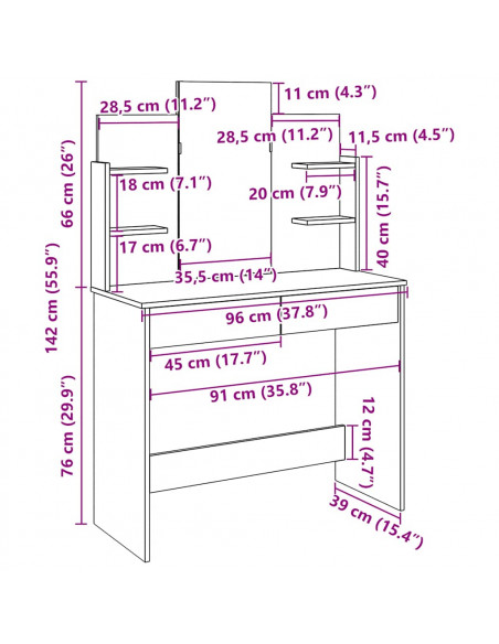 Toeletta con Specchio Legno Antico 96x39x142 cm