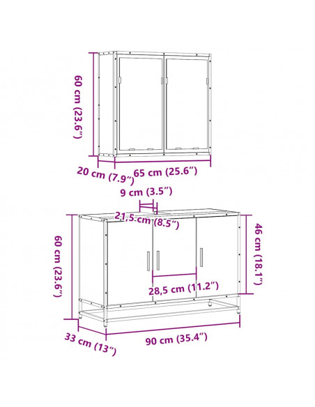 Set Mobili da Bagno 2 pz Rovere Fumo in Legno Multistrato
