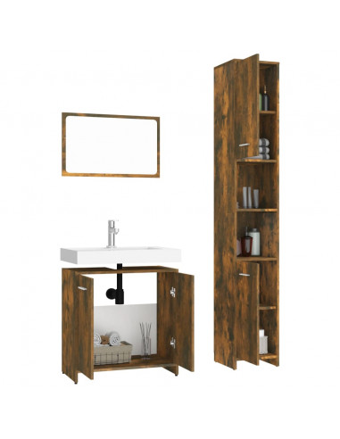 Set Mobili da Bagno 3 pz Rovere Fumo in Legno Multistrato