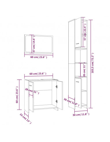 Set Mobili da Bagno 3 pz Rovere Fumo in Legno Multistrato
