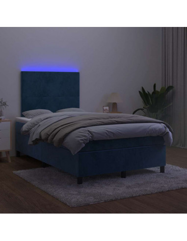 Letto a Molle Materasso e LED Blu Scuro 120x190 cm in Velluto