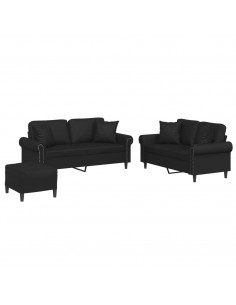 Set di Divani 3 pz con Cuscini Nero in Similpelle