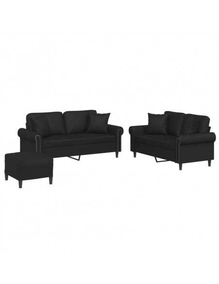 Set di Divani 3 pz con Cuscini Nero in Similpelle