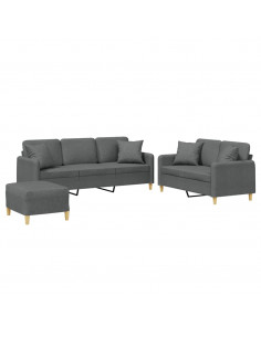 Set di Divani 3 pz con Cuscini Grigio Scuro in Tessuto