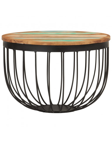 Tavolino Ø50x35 cm in Legno Massello di Recupero e Acciaio