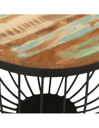 Tavolino Ø50x35 cm in Legno Massello di Recupero e Acciaio