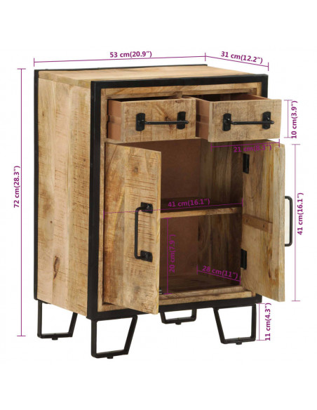 Credenza 2 Cassetti 53x31x72 cm Legno Massello di Mango e Ferro