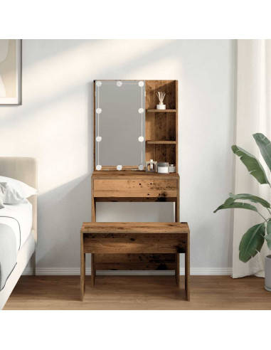 Set Tavolo da Toeletta con LED Legno Antico Legno Multistrato