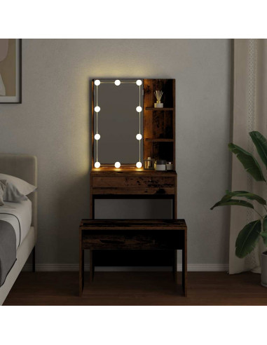 Set Tavolo da Toeletta con LED Legno Antico Legno Multistrato