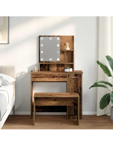 Set Tavolo da Toeletta con LED Legno Antico Legno Multistrato