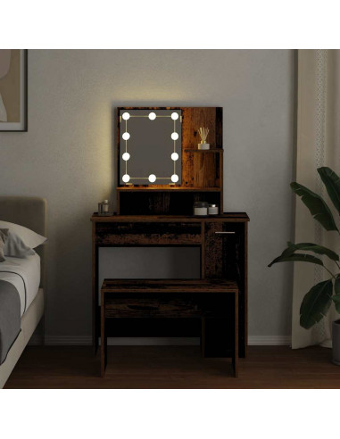 Set Tavolo da Toeletta con LED Legno Antico Legno Multistrato