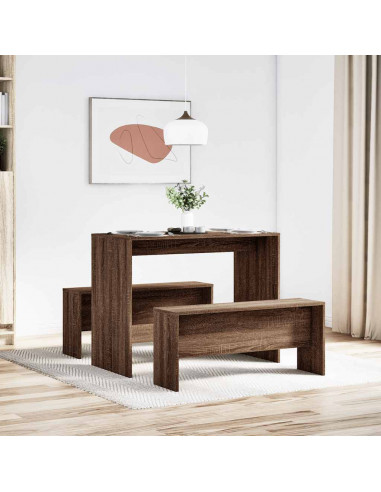 Set Tavolo da Pranzo e Panche 3 pz Rovere Marrone in Truciolato