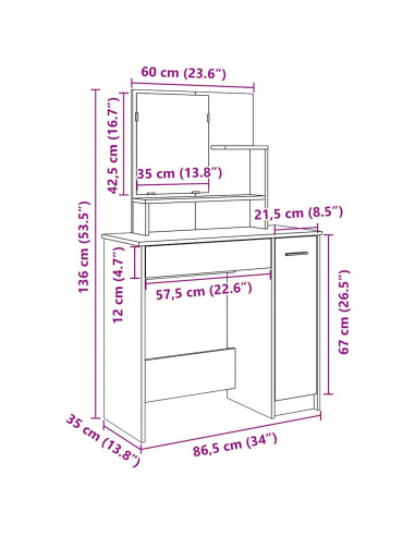 Toeletta con Specchio Rovere Artigianale 86,5x35x136 cm