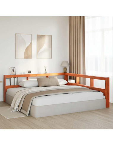 Testiera Libreria a L Marrone Cera 200cm Legno Massello di Pino