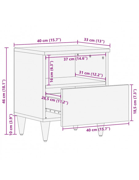 Comodino 40x33x46 cm in Legno Massello di Mango