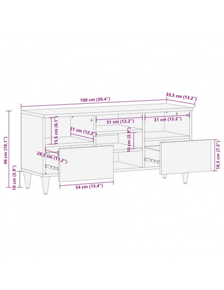 Mobile Porta TV 100x33,5x46 cm in Legno Massello di Mango