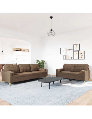 Set di Divani 2 pz con Cuscini Marrone in Tessuto