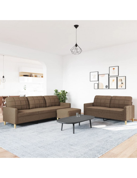 Set di Divani 3 pz con Poggiapiedi Marrone in Tessuto
