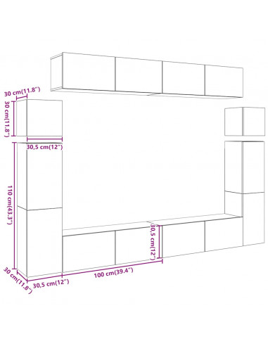 Set Mobile TV 8 pz Montato a Parete Rovere in Legno Multistrato