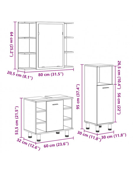 Set Mobili da Bagno 3 pz Grigio Cemento in Legno Multistrato