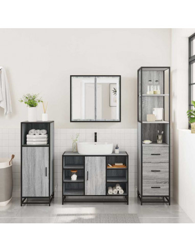 Set Mobili da Bagno 3 pz Grigio Sonoma in Legno Multistrato