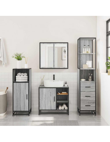 Set Mobili da Bagno 3 pz Grigio Sonoma in Legno Multistrato