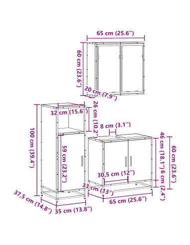 Set Mobili da Bagno 3 pz Grigio Sonoma in Legno Multistrato