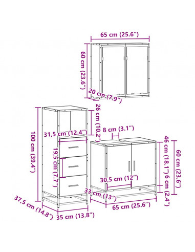 Set Mobili da Bagno 3 pz Grigio Sonoma in Legno Multistrato