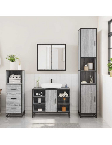 Set Mobili da Bagno 3 pz Grigio Sonoma in Legno Multistrato