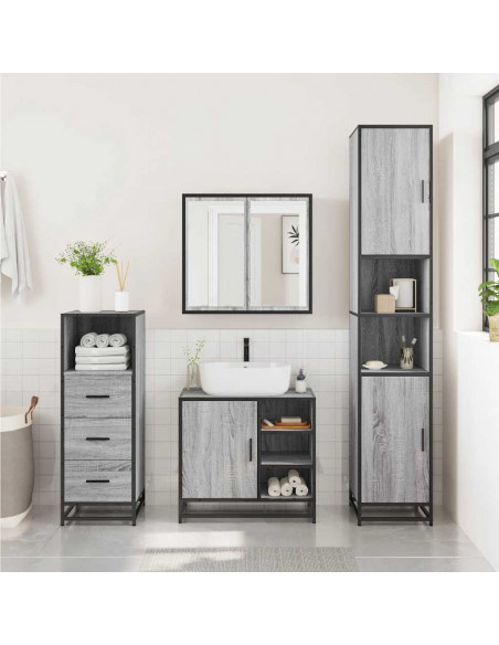 Set Mobili da Bagno 3 pz Grigio Sonoma in Legno Multistrato