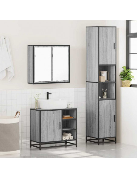 Set Mobili da Bagno 3 pz Grigio Sonoma in Legno Multistrato