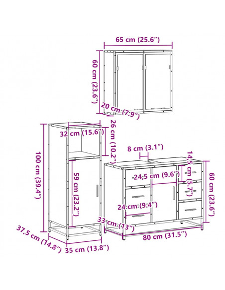 Set Mobili da Bagno 3 pz Grigio Sonoma in Legno Multistrato