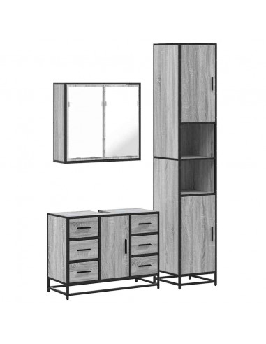 Set Mobili da Bagno 3 pz Grigio Sonoma in Legno Multistrato
