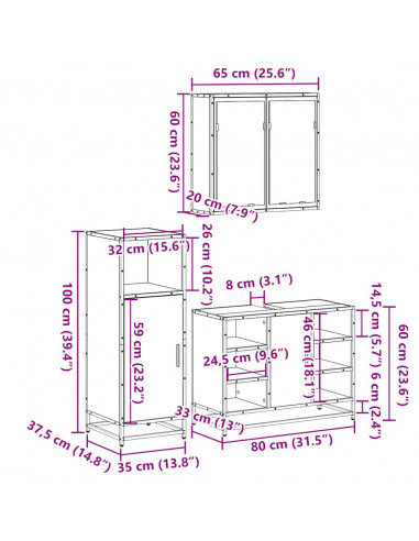 Set Mobili da Bagno 3 pz Grigio Sonoma in Legno Multistrato