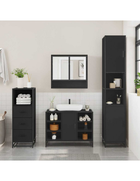 Set Mobili da Bagno 3 pz Nero in Legno Multistrato