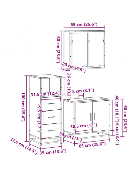Set Mobili da Bagno 3 pz Nero in Legno Multistrato