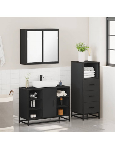 Set Mobili da Bagno 3 pz Nero in Legno Multistrato