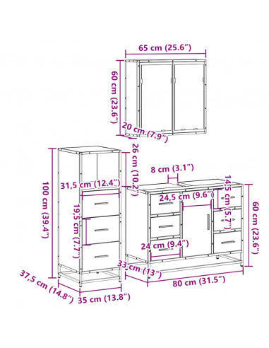 Set Mobili da Bagno 3 pz Rovere Fumo in Legno Multistrato