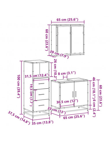 Set Mobili da Bagno 3 pz Rovere Fumo in Legno Multistrato