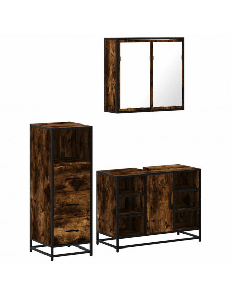 Set Mobili da Bagno 3 pz Rovere Fumo in Legno Multistrato