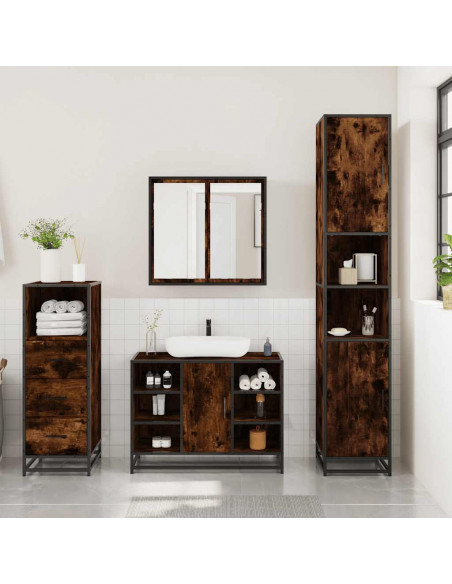 Set Mobili da Bagno 3 pz Rovere Fumo in Legno Multistrato