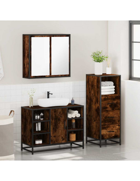 Set Mobili da Bagno 3 pz Rovere Fumo in Legno Multistrato
