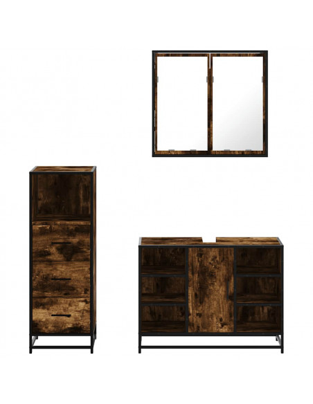 Set Mobili da Bagno 3 pz Rovere Fumo in Legno Multistrato