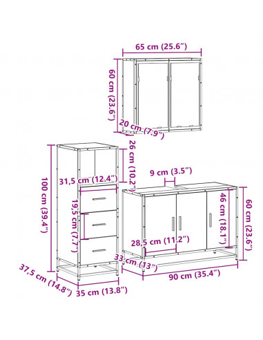 Set Mobili da Bagno 3 pz Rovere Fumo in Legno Multistrato