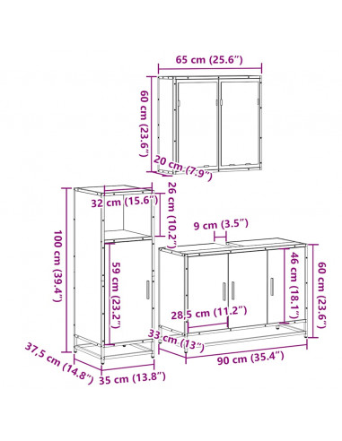 Set Mobili da Bagno 3 pz Rovere Fumo in Legno Multistrato