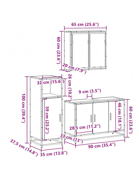 Set Mobili da Bagno 3 pz Rovere Fumo in Legno Multistrato
