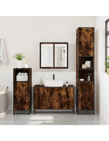 Set Mobili da Bagno 3 pz Rovere Fumo in Legno Multistrato
