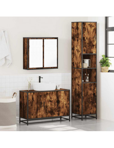 Set Mobili da Bagno 3 pz Rovere Fumo in Legno Multistrato